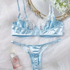 2 Piece Blue Satin Sexy Lingerie Set Women French Coquette Floral Embroidery Sheer Mesh Underwire No Padding Push Up Bra Thong