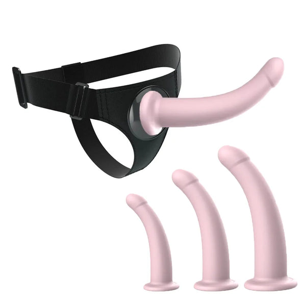 Strap-On Dildo Set with Adjustable Harness, 3 Pink Silicone Dildos in Different Sizes, Comfortable and Flexible