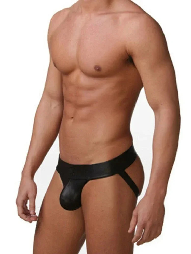 Cueca Jockstrap G-String Masculina em Couro Sintetico