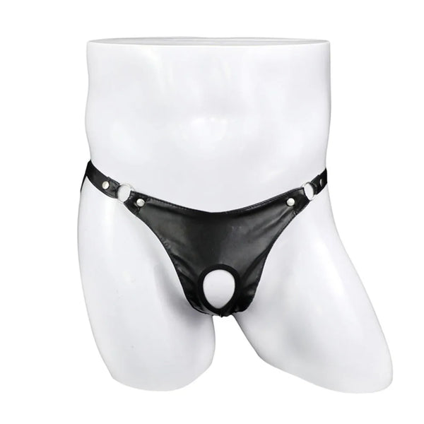 Cueca Tanga Masculina em Couro Sintético com Anel Metálico
