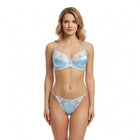 2 Piece Blue Satin Sexy Lingerie Set Women French Coquette Floral Embroidery Sheer Mesh Underwire No Padding Push Up Bra Thong