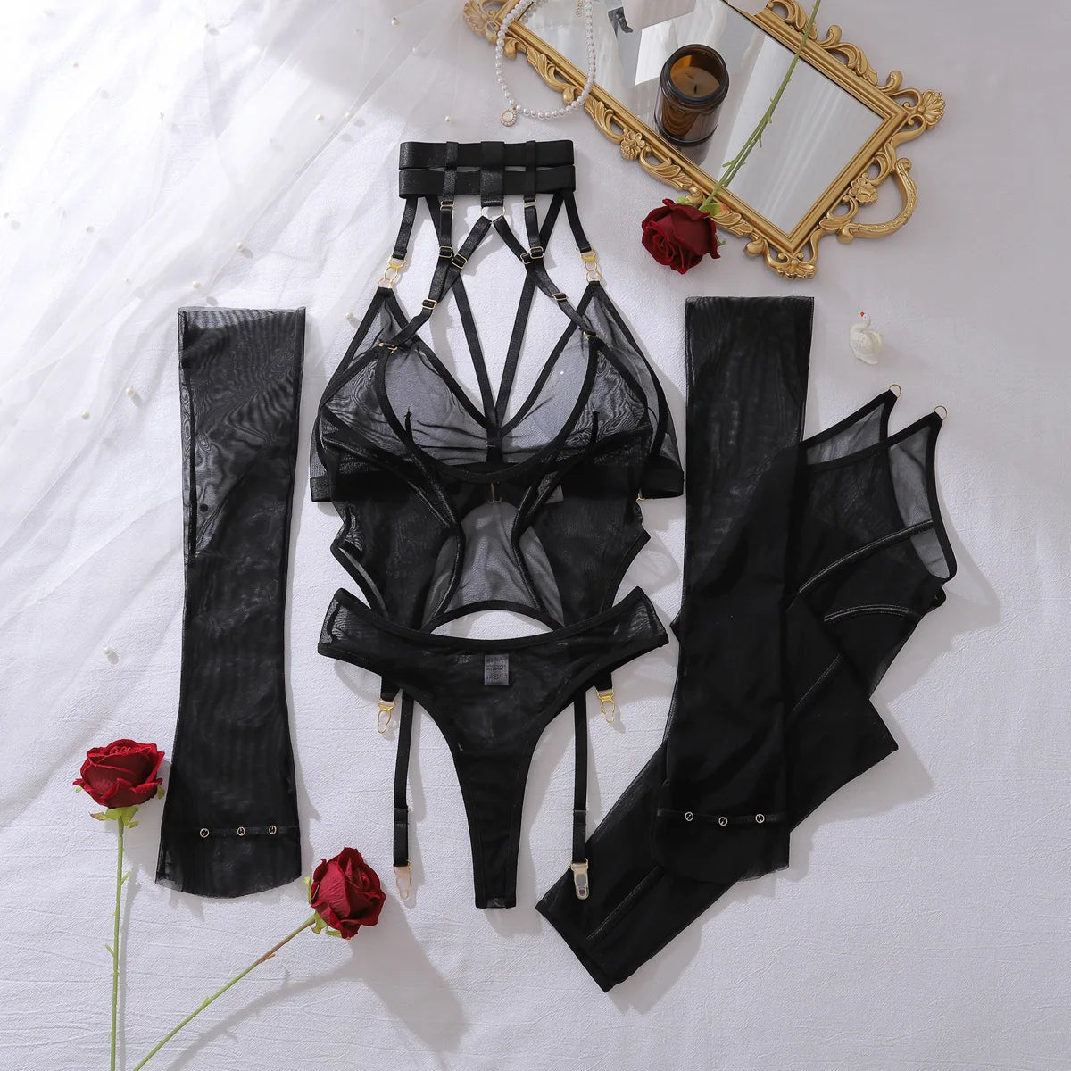 Ellolace Seductive Women's Lingerie Set Tempted Intimate Body Thong 2PC with Gloves Stockings Daring Women Bodysuit Underwear