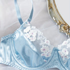 2 Piece Blue Satin Sexy Lingerie Set Women French Coquette Floral Embroidery Sheer Mesh Underwire No Padding Push Up Bra Thong