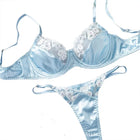 2 Piece Blue Satin Sexy Lingerie Set Women French Coquette Floral Embroidery Sheer Mesh Underwire No Padding Push Up Bra Thong