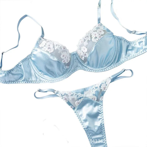 2 Piece Blue Satin Sexy Lingerie Set Women French Coquette Floral Embroidery Sheer Mesh Underwire No Padding Push Up Bra Thong