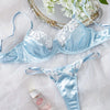2 Piece Blue Satin Sexy Lingerie Set Women French Coquette Floral Embroidery Sheer Mesh Underwire No Padding Push Up Bra Thong