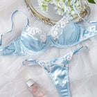 2 Piece Blue Satin Sexy Lingerie Set Women French Coquette Floral Embroidery Sheer Mesh Underwire No Padding Push Up Bra Thong