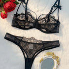 2-Piece Women's Black Comfortable Lightweight Bow Semi Transparent Lingerie Set ZA824057