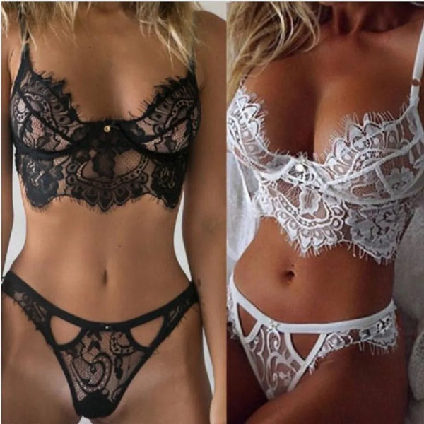 Conjunto de Lingerie Transparente em Renda Sexy